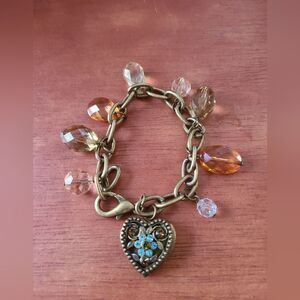 Vintage Women's Brass Finish Heart Shaped Locket With Faceted Crystals Bracelet